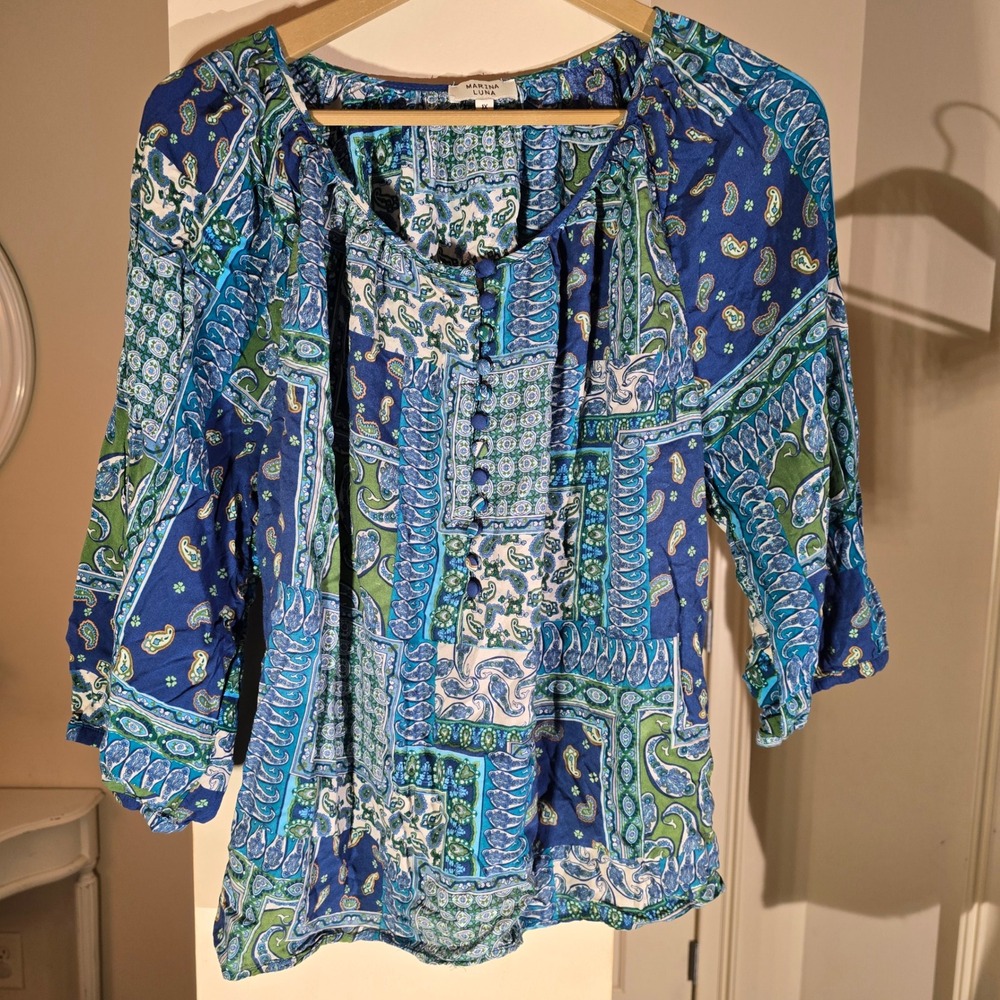 Marina‎ Luna Womens 1X Blue Green Paisley Patchwork Button Peasant Blouse Top